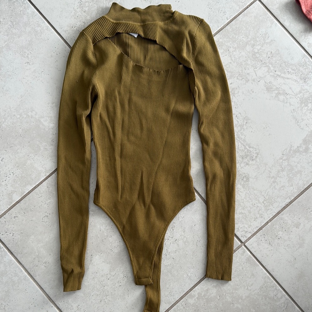 Olive Green Ribbed Long Sleeve Bodysuit